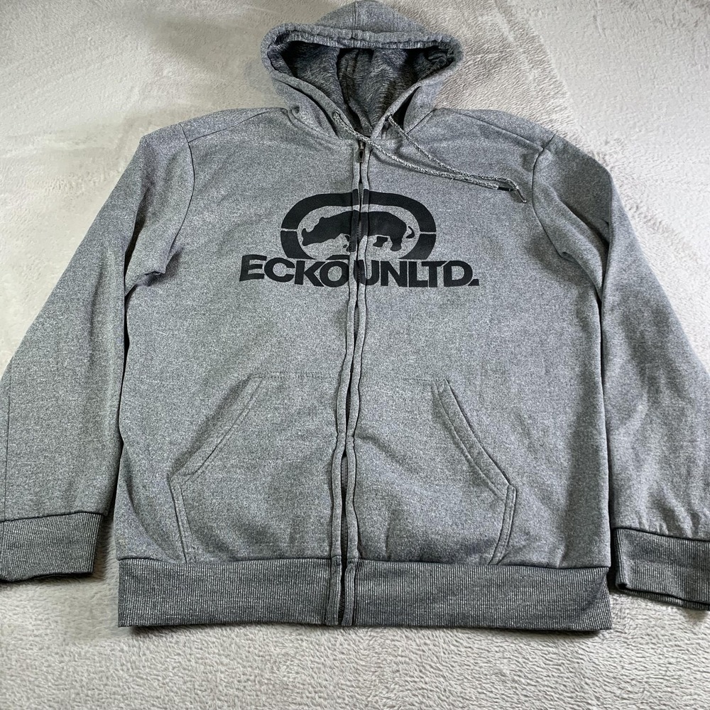 Y2K Ecko Unltd Hoodie Mens Large Gray Full‎ Zip Fleece Sweatshirt Rhino Graphic
